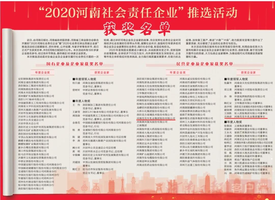 榮譽(yù) | 花花牛乳業(yè)集團(tuán)斬獲“2020河南社會責(zé)任企業(yè)”推選活動兩項(xiàng)大獎 榮譽(yù) | 花花牛乳業(yè)集團(tuán)斬獲“2020河南社會責(zé)任企業(yè)”推選活動兩項(xiàng)大獎