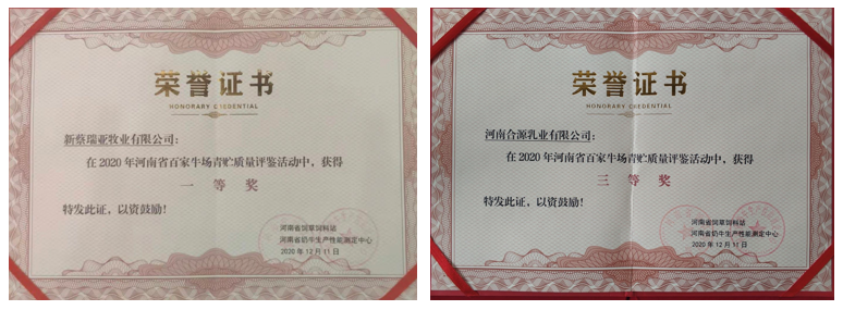 榮譽(yù) | “百家牛場青貯質(zhì)量評鑒活動(dòng)”花花牛新蔡瑞亞牧業(yè)、河南合源乳業(yè)分別榮獲一、三等獎(jiǎng)